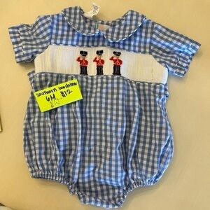 Blue Gingham Baby bubble with Embroidered Soldiers